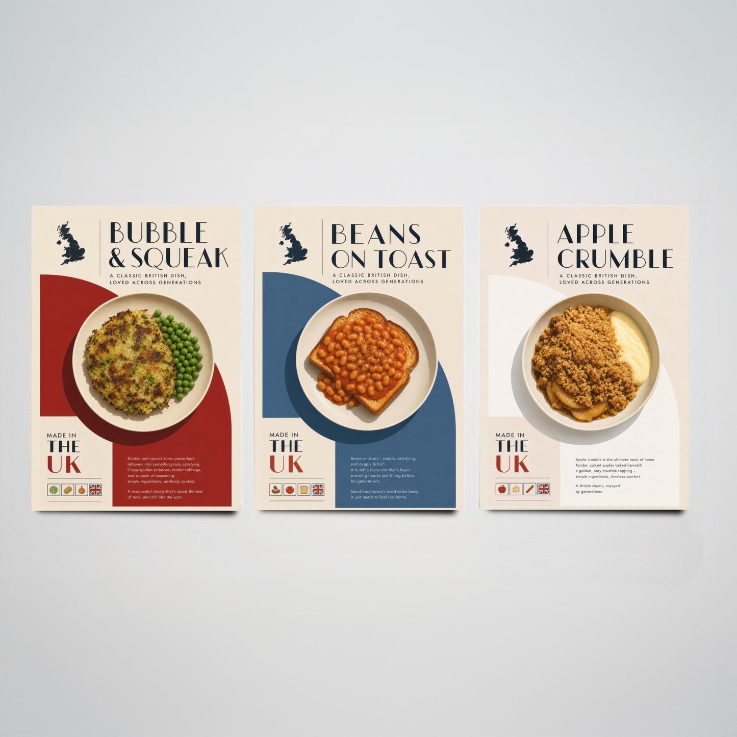 British Food Set of Three Kitchen Art Prints - Bubble & Squeak, Beans on Toast, Apple Crumble - Poster Illustration Gift