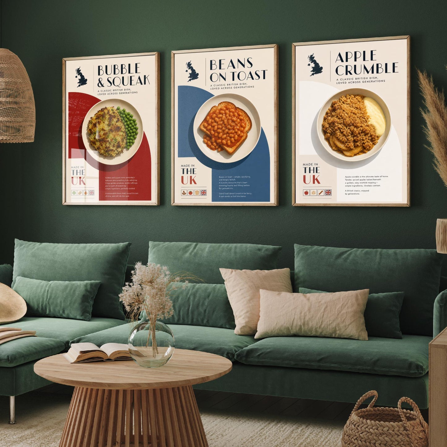 British Food Set of Three Kitchen Art Prints - Bubble & Squeak, Beans on Toast, Apple Crumble - Poster Illustration Gift