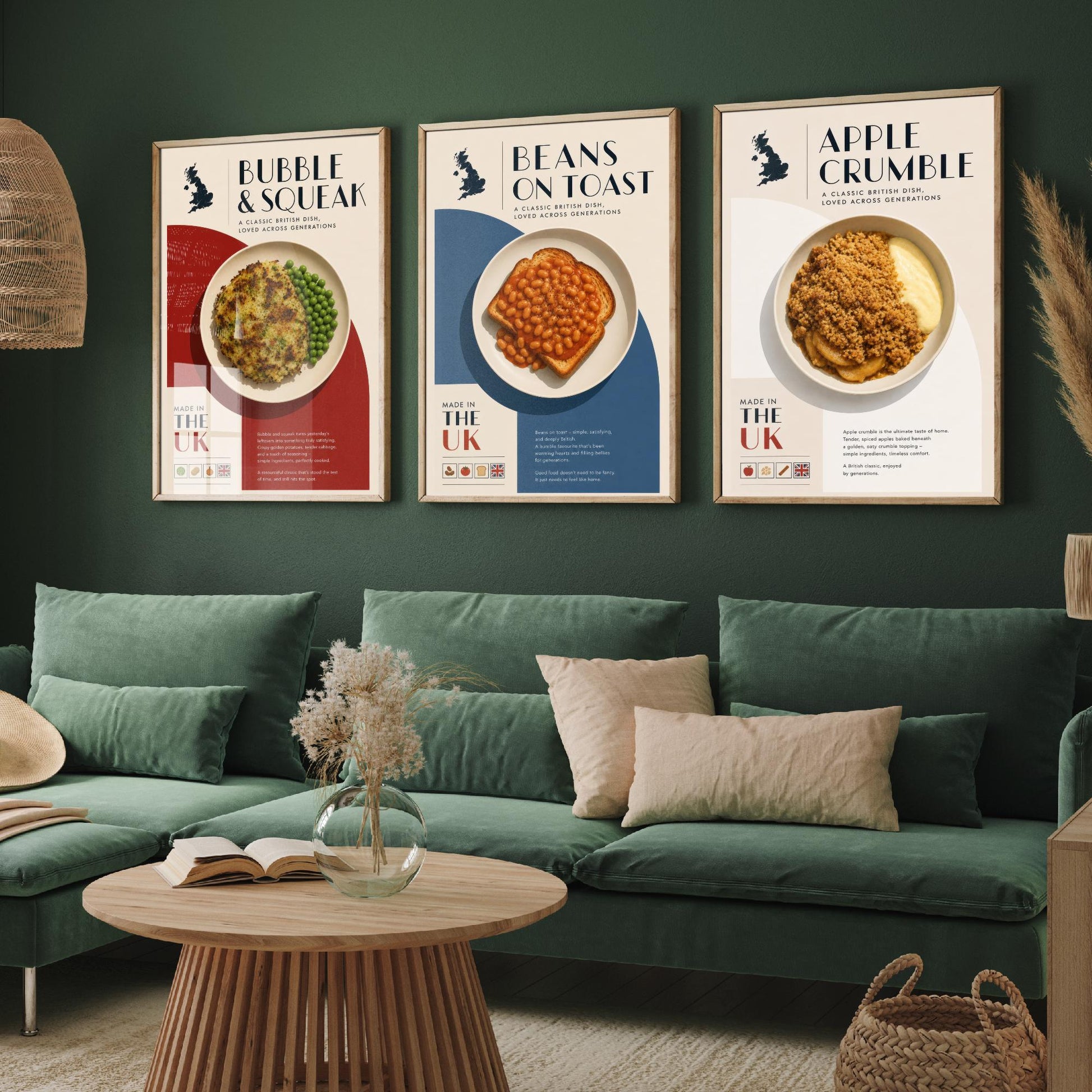 British Food Set of Three Kitchen Art Prints - Bubble & Squeak, Beans on Toast, Apple Crumble - Poster Illustration Gift