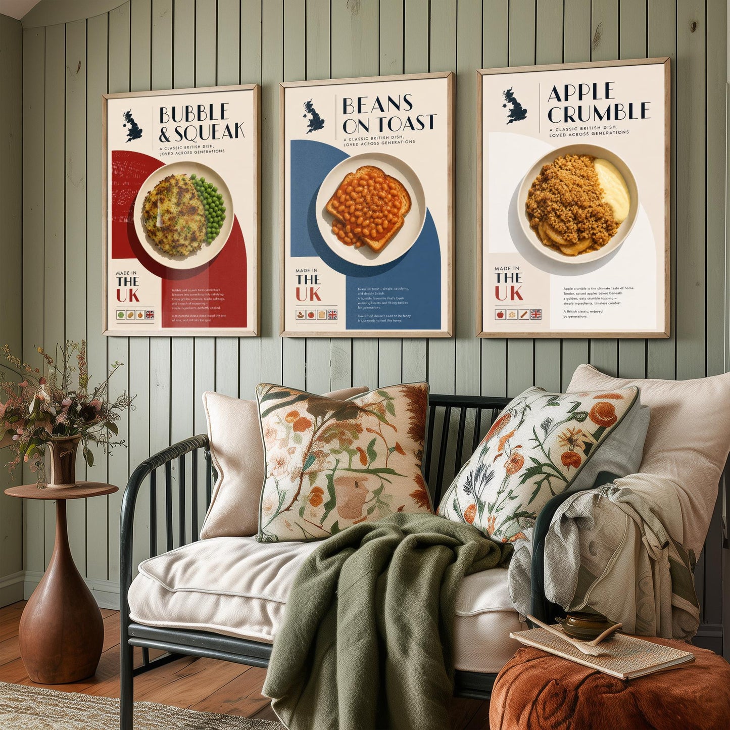 British Food Set of Three Kitchen Art Prints - Bubble & Squeak, Beans on Toast, Apple Crumble - Poster Illustration Gift