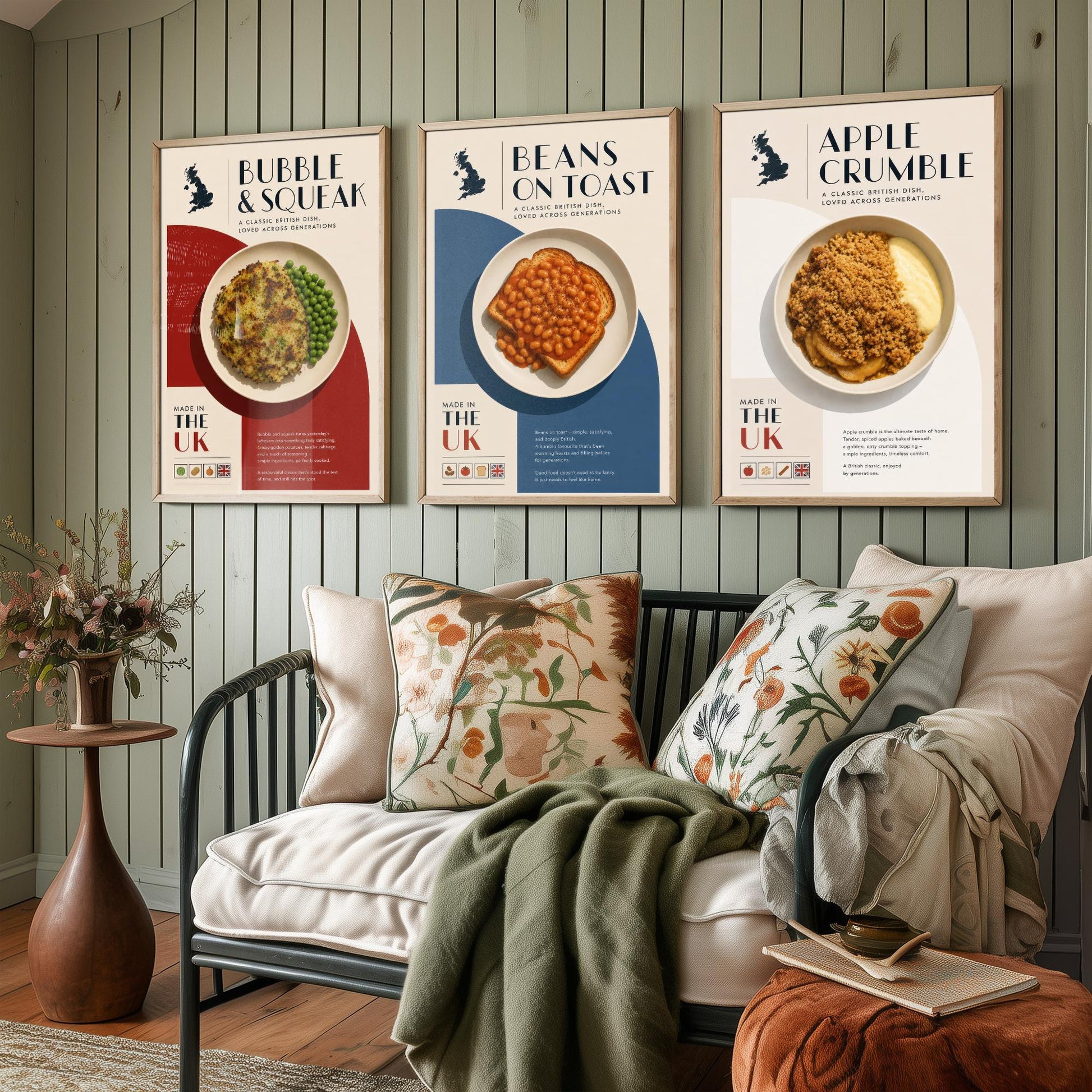 British Food Set of Three Kitchen Art Prints - Bubble & Squeak, Beans on Toast, Apple Crumble - Poster Illustration Gift