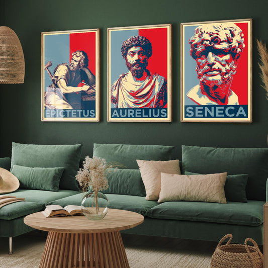 Set of Three Stoic Philosopher Prints - 3 Stoicism Posters Featuring Marcus Aurelius, Epictetus And Seneca - Photo Wall Art Gift Giclée Museum Quality