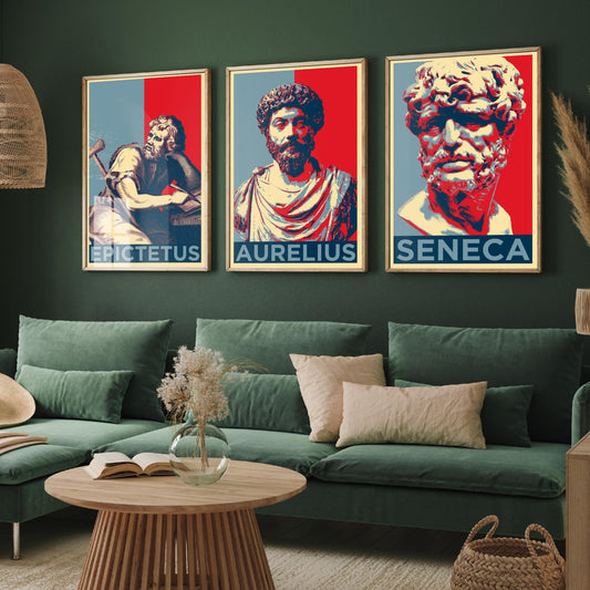 Stoic Philosophers Set of Three Art Prints - 3 Epictetus Marcus Aurelius Seneca Posters - Pop Art Wall Art Gift Illustration