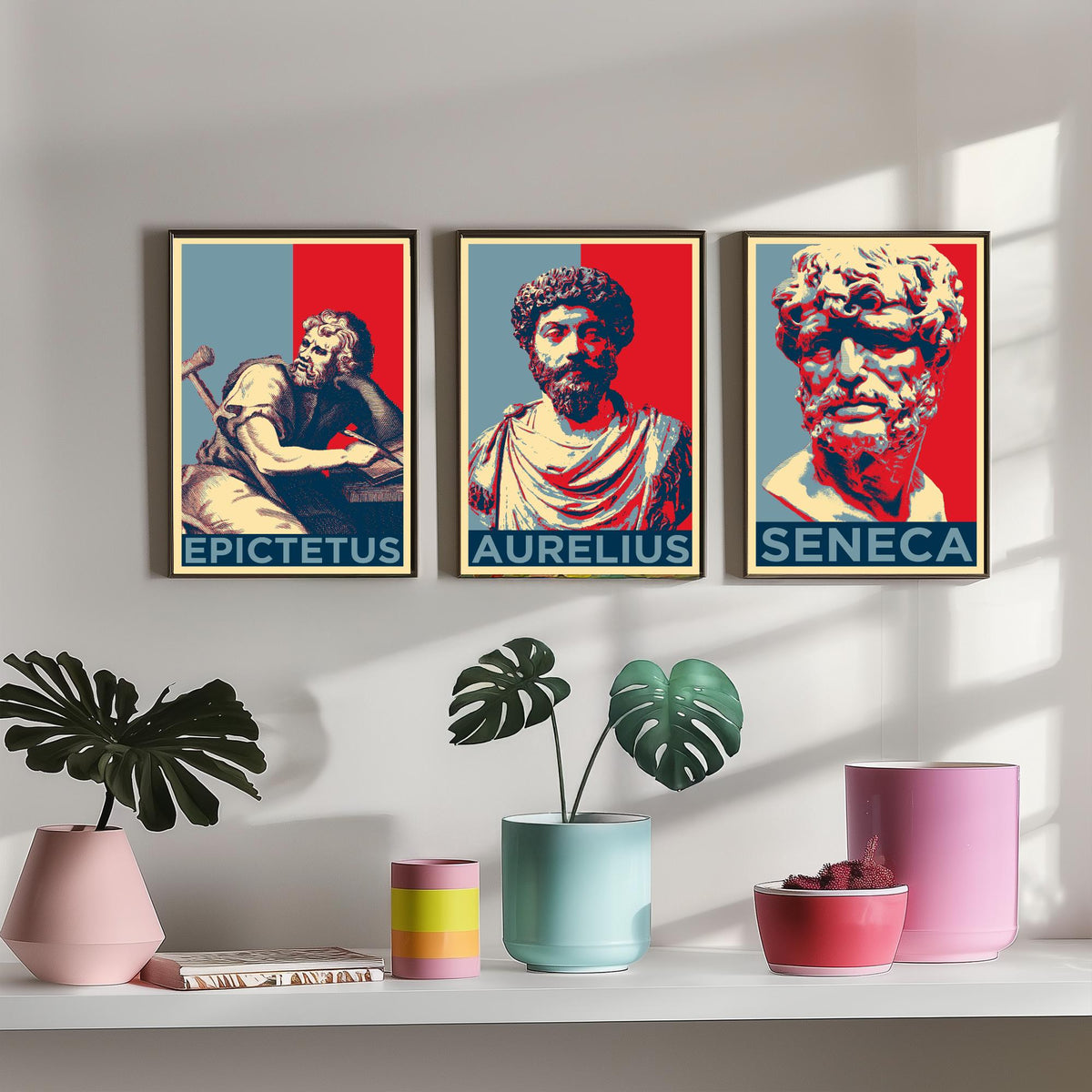 Stoic Philosophers Set of Three Art Prints - 3 Epictetus Marcus Aurelius Seneca Posters - Pop Art Wall Art Gift Illustration