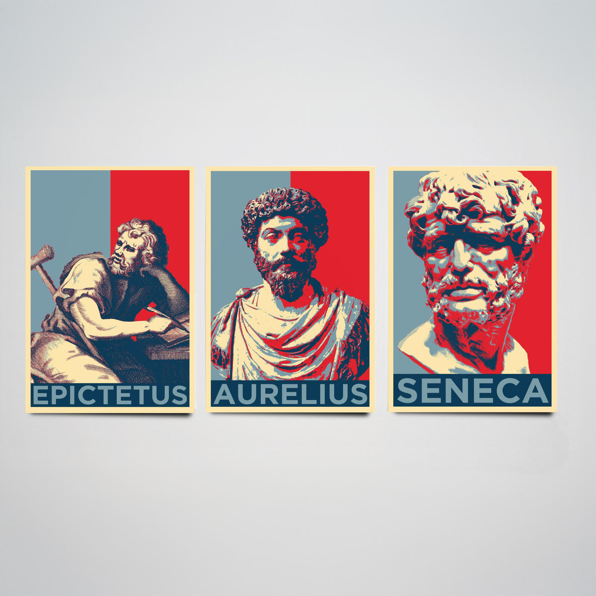 Stoic Philosophers Set of Three Art Prints - 3 Epictetus Marcus Aurelius Seneca Posters - Pop Art Wall Art Gift Illustration