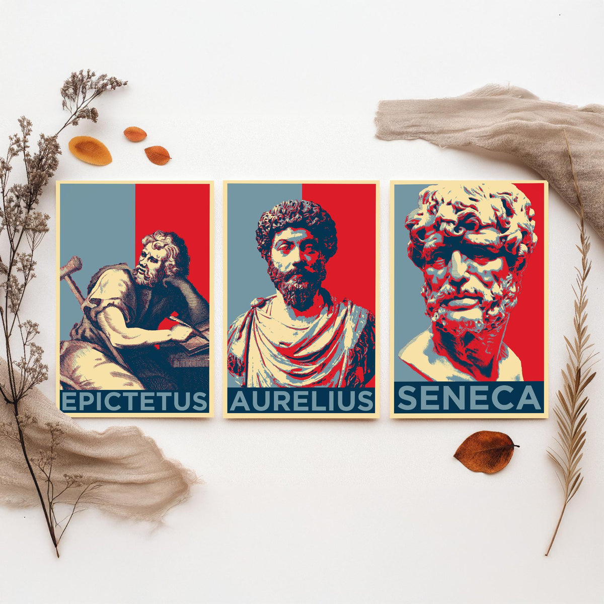 Stoic Philosophers Set of Three Art Prints - 3 Epictetus Marcus Aurelius Seneca Posters - Pop Art Wall Art Gift Illustration