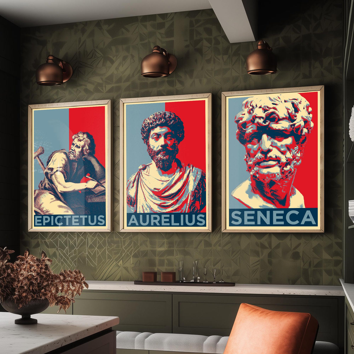Stoic Philosophers Set of Three Art Prints - 3 Epictetus Marcus Aurelius Seneca Posters - Pop Art Wall Art Gift Illustration