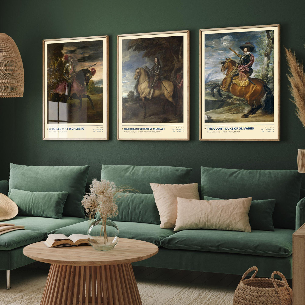 Equestrian Set of Three Art Prints - Charles V at Muhlberg, Charles I, Olivares - Titian Van Dyck Velazquez Paintings Posters