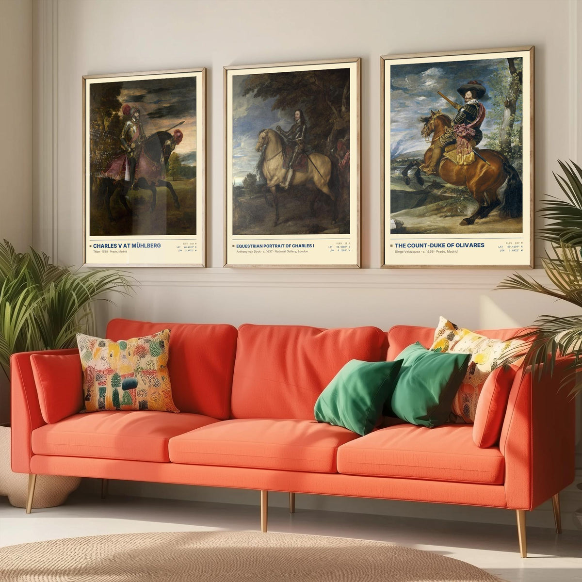 Equestrian Set of Three Art Prints - Charles V at Muhlberg, Charles I, Olivares - Titian Van Dyck Velazquez Paintings Posters