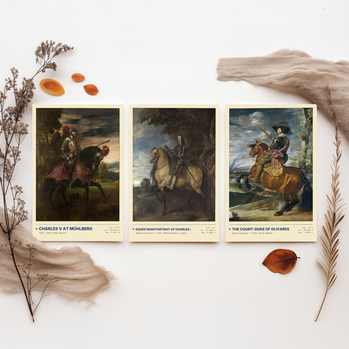Equestrian Set of Three Art Prints - Charles V at Muhlberg, Charles I, Olivares - Titian Van Dyck Velazquez Paintings Posters