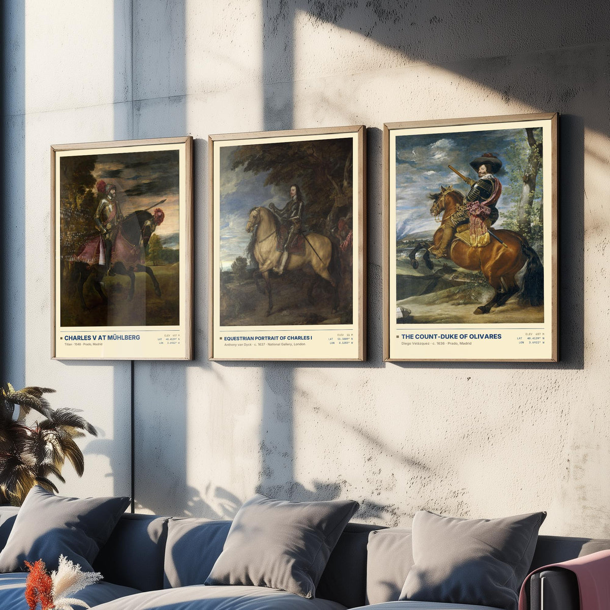 Equestrian Set of Three Art Prints - Charles V at Muhlberg, Charles I, Olivares - Titian Van Dyck Velazquez Paintings Posters