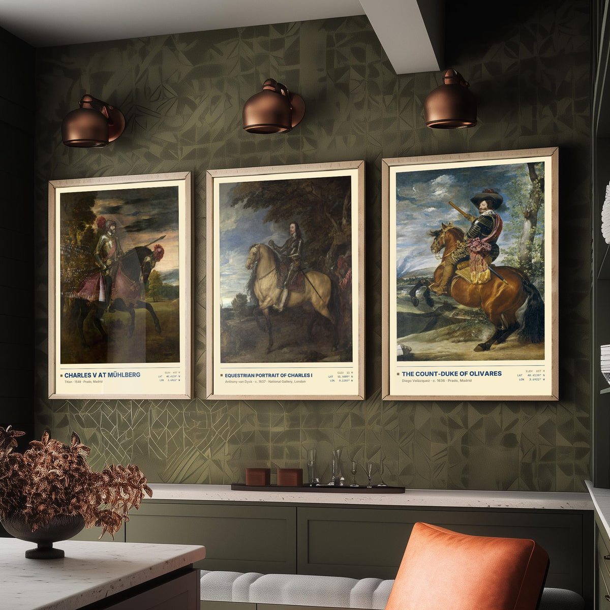 Equestrian Set of Three Art Prints - Charles V at Muhlberg, Charles I, Olivares - Titian Van Dyck Velazquez Paintings Posters