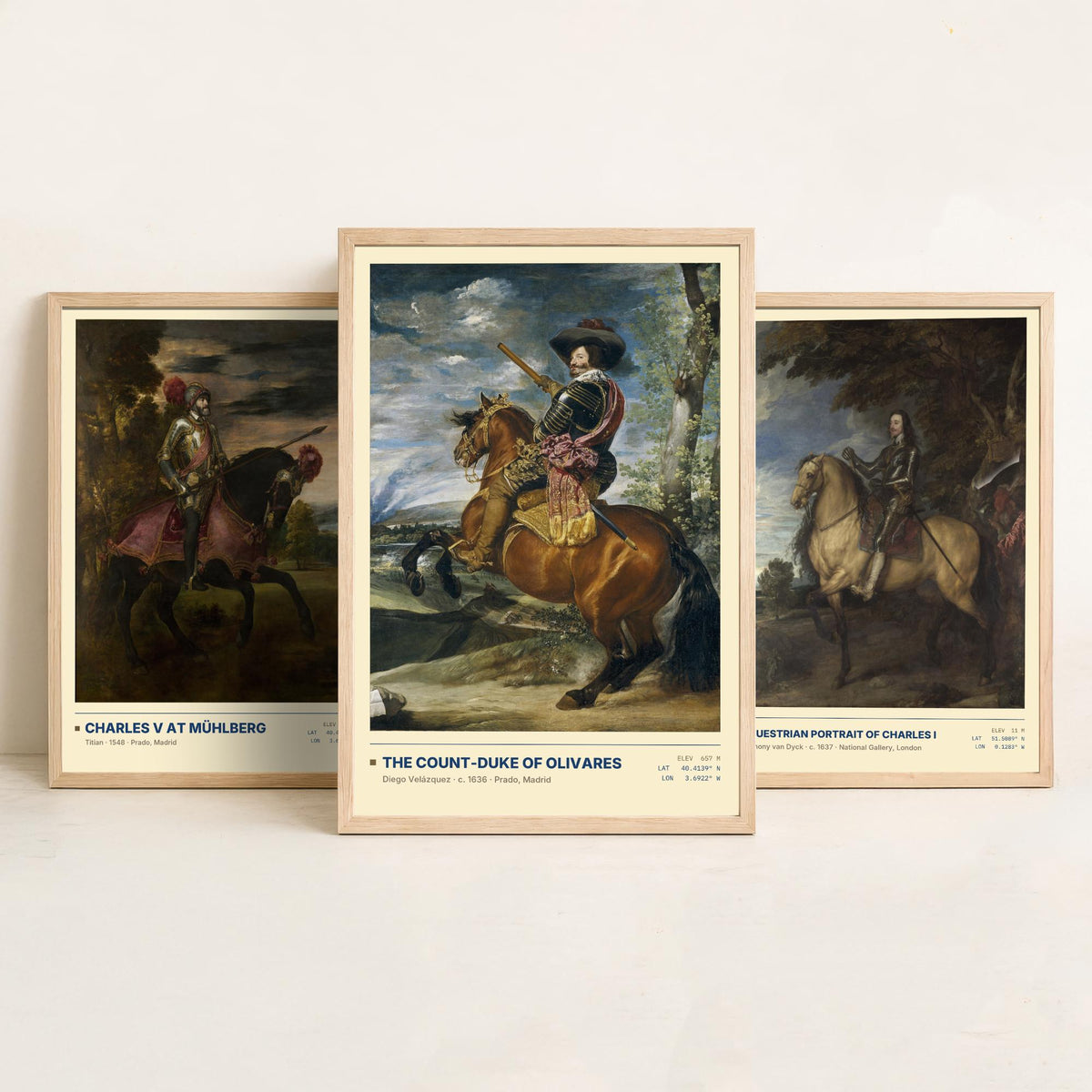 Equestrian Set of Three Art Prints - Charles V at Muhlberg, Charles I, Olivares - Titian Van Dyck Velazquez Paintings Posters