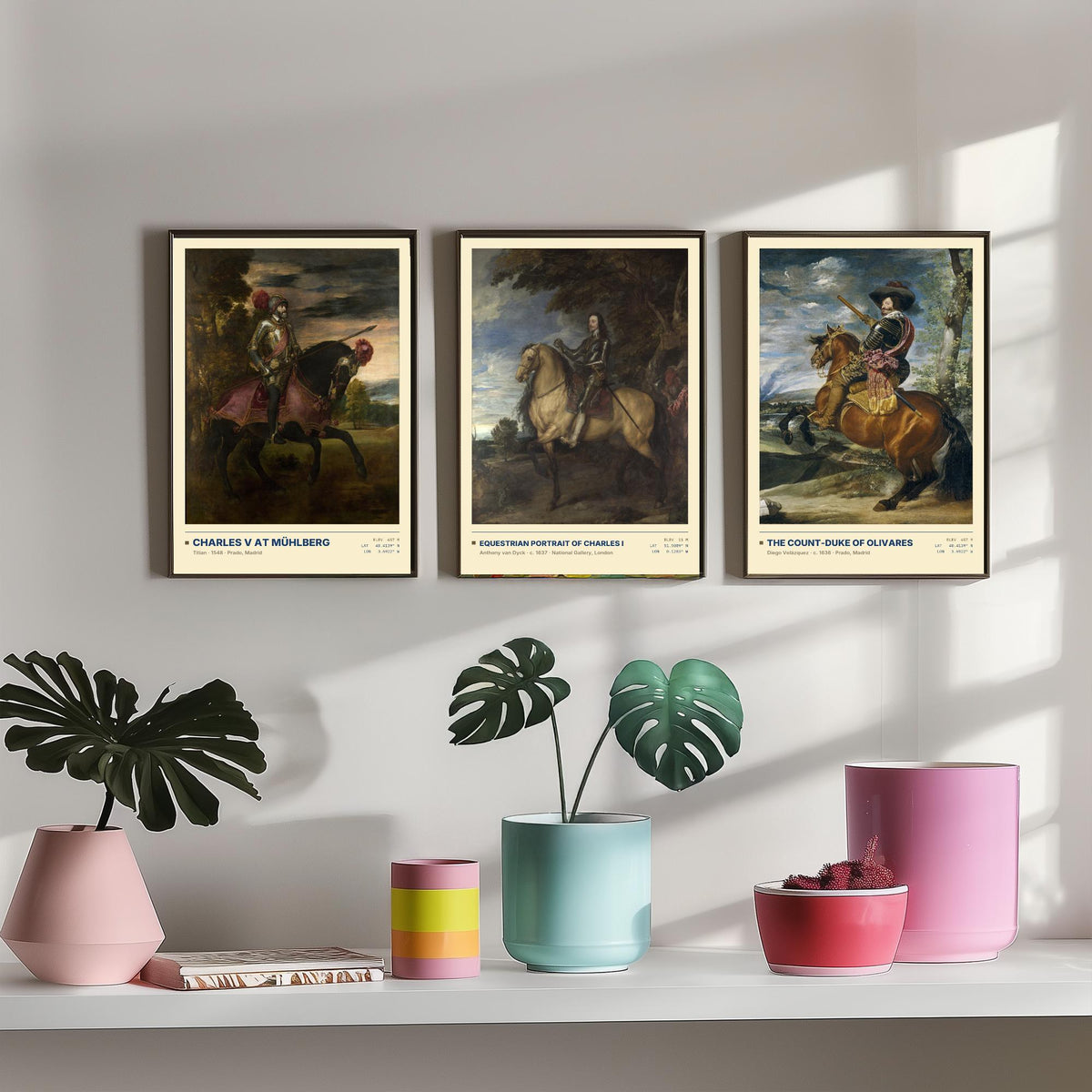 Equestrian Set of Three Art Prints - Charles V at Muhlberg, Charles I, Olivares - Titian Van Dyck Velazquez Paintings Posters
