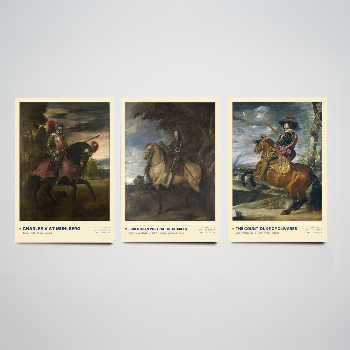 Equestrian Set of Three Art Prints - Charles V at Muhlberg, Charles I, Olivares - Titian Van Dyck Velazquez Paintings Posters