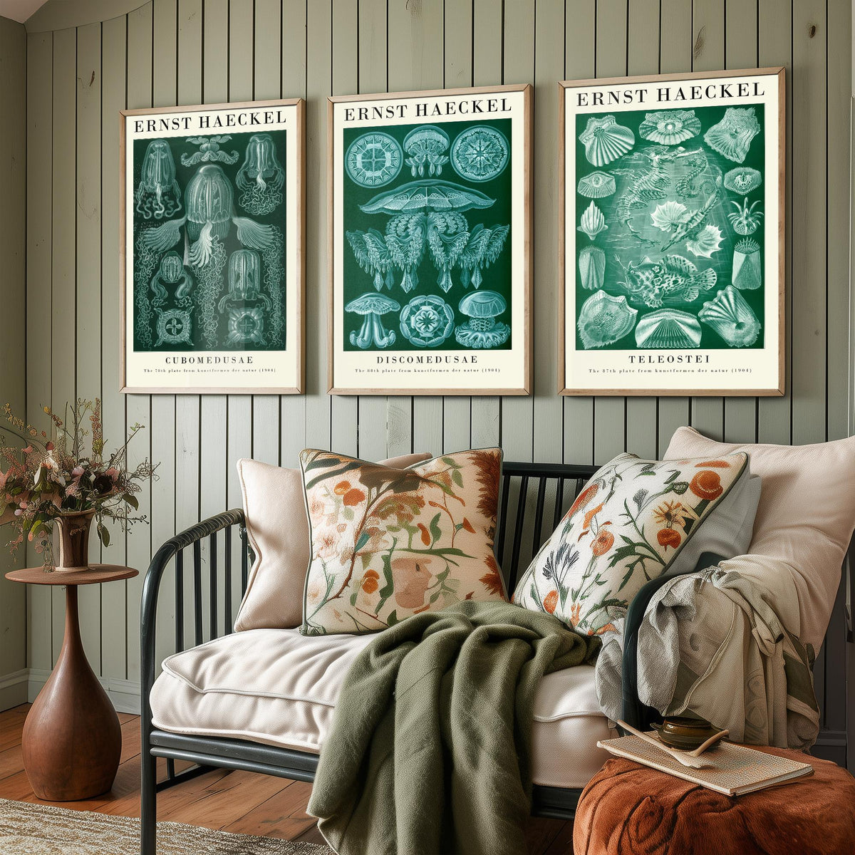 Ernst Haeckel Set of Three Gallery Art Prints - 3 Box Jellyfish Medusae and Bony Fish Posters - Green Vintage Sea Illustration