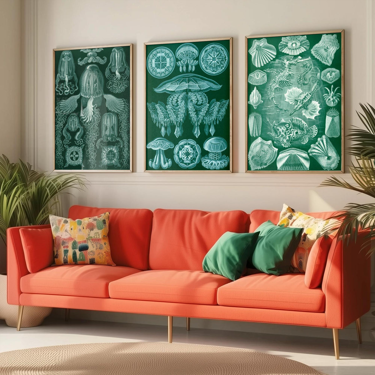 Ernst Haeckel Set of Three Art Prints - 3 Box Jellyfish Medusae and Bony Fish Posters - Clean Minimalist Green Illustration