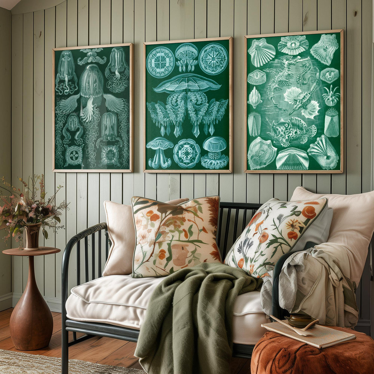 Ernst Haeckel Set of Three Art Prints - 3 Box Jellyfish Medusae and Bony Fish Posters - Clean Minimalist Green Illustration