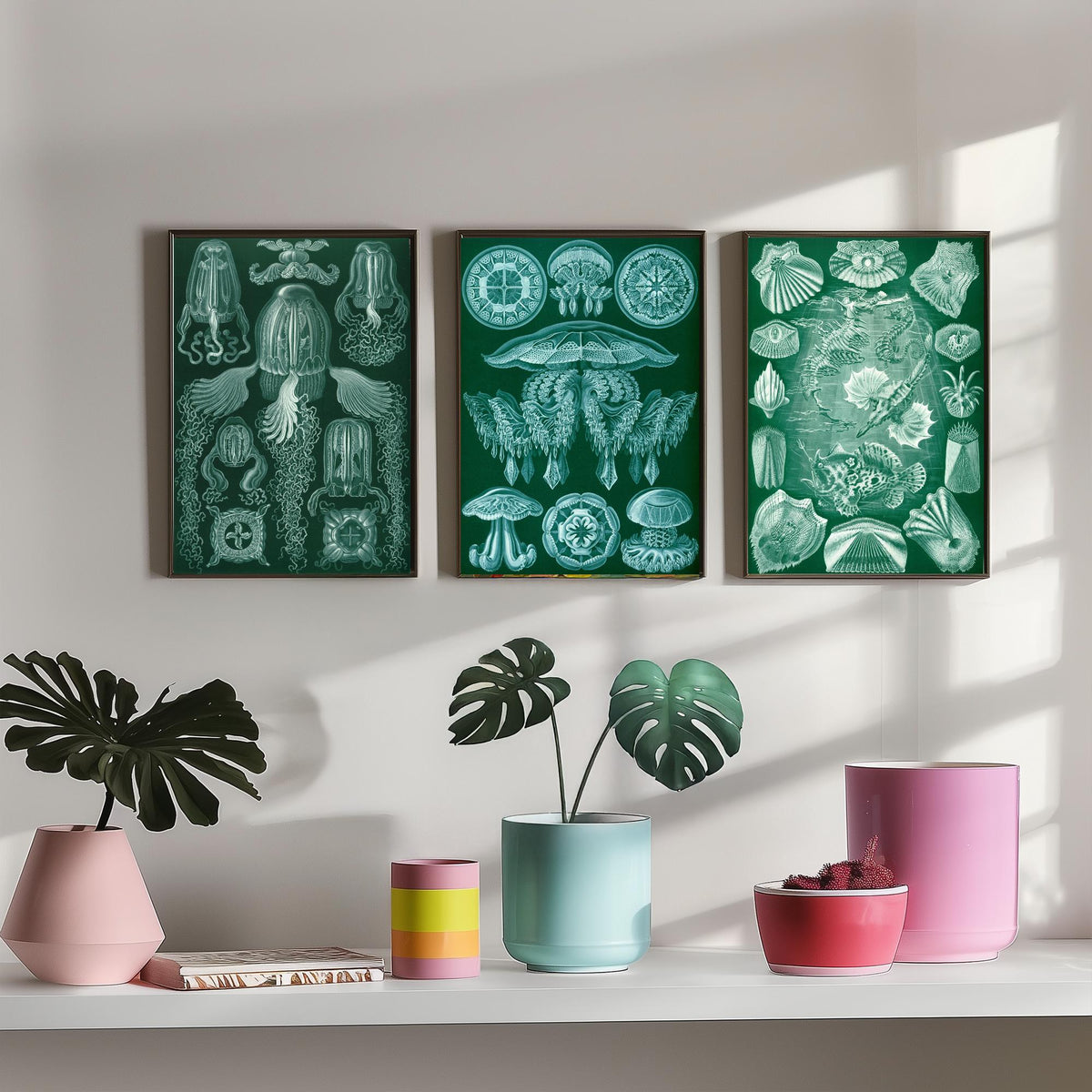 Ernst Haeckel Set of Three Art Prints - 3 Box Jellyfish Medusae and Bony Fish Posters - Clean Minimalist Green Illustration