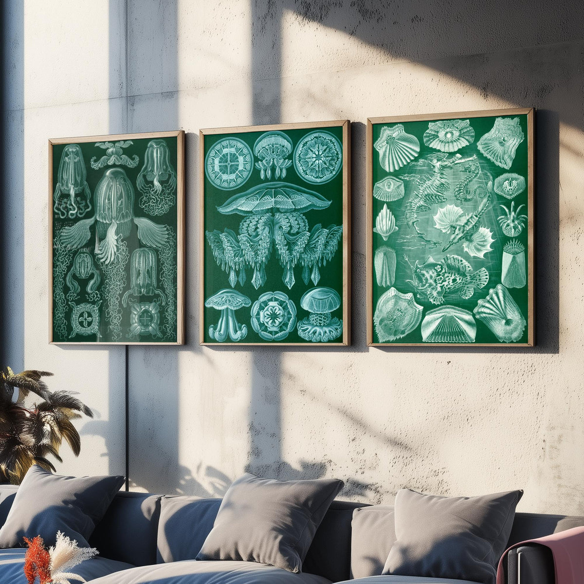 Ernst Haeckel Set of Three Art Prints - 3 Box Jellyfish Medusae and Bony Fish Posters - Clean Minimalist Green Illustration