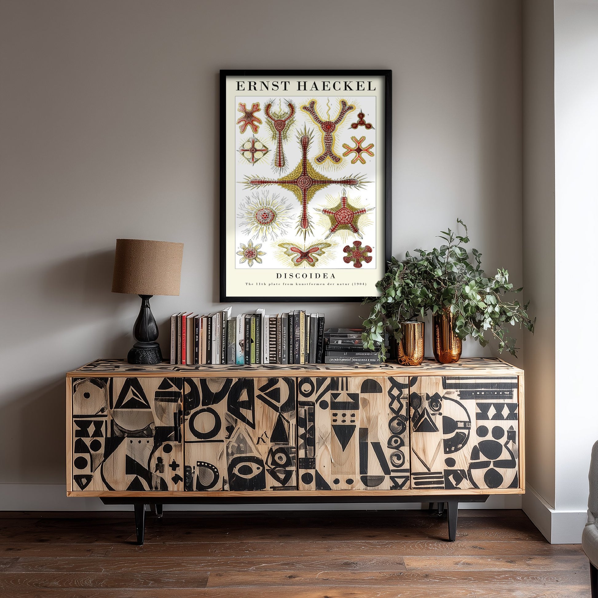 Radiolaria Art Print - Ernst Haeckel Poster - Discoidea Plate 11 - Red & Yellow Art Forms in Nature Illustration
