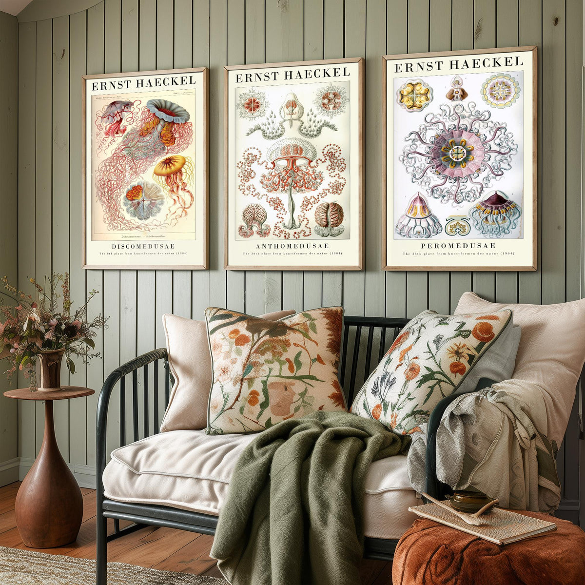 Ernst Haeckel Set of Three Gallery Art Prints - 3 Sea Nettle Flower and Crown Jellyfish Posters - Red Vintage Illustration