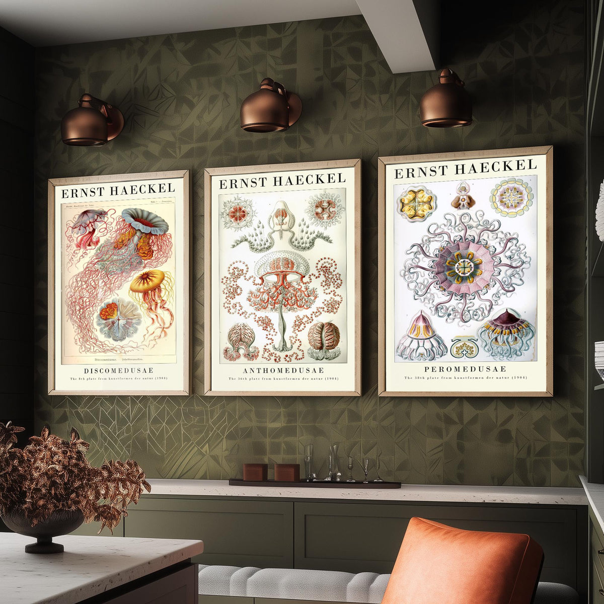 Ernst Haeckel Set of Three Gallery Art Prints - 3 Sea Nettle Flower and Crown Jellyfish Posters - Red Vintage Illustration
