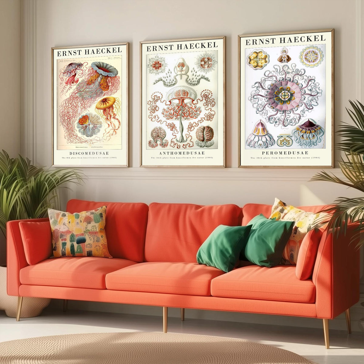 Ernst Haeckel Set of Three Gallery Art Prints - 3 Sea Nettle Flower and Crown Jellyfish Posters - Red Vintage Illustration
