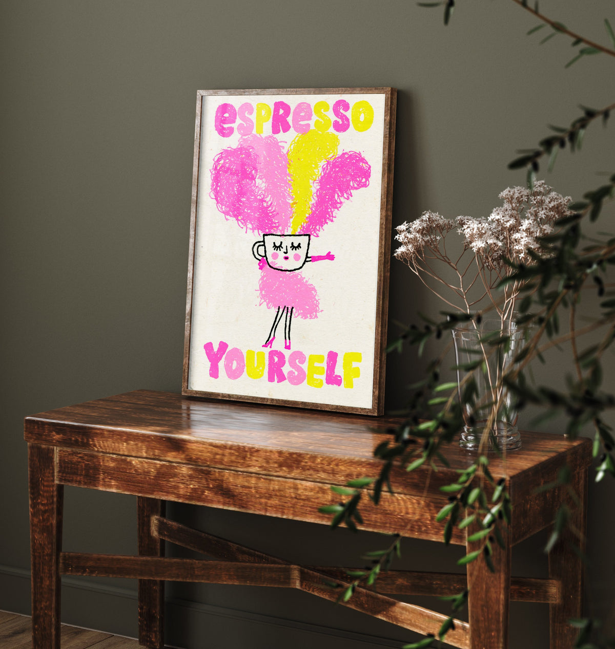 Espresso Yourself Art Print - Feather Boa Coffee Cup Poster - Pink and Yellow Showgirl Illustration