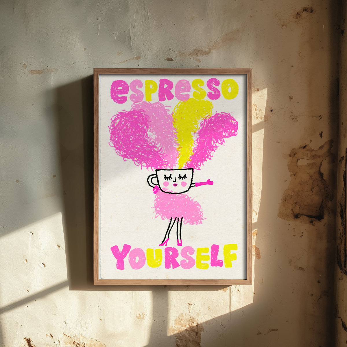 Espresso Yourself Art Print - Feather Boa Coffee Cup Poster - Pink and Yellow Showgirl Illustration