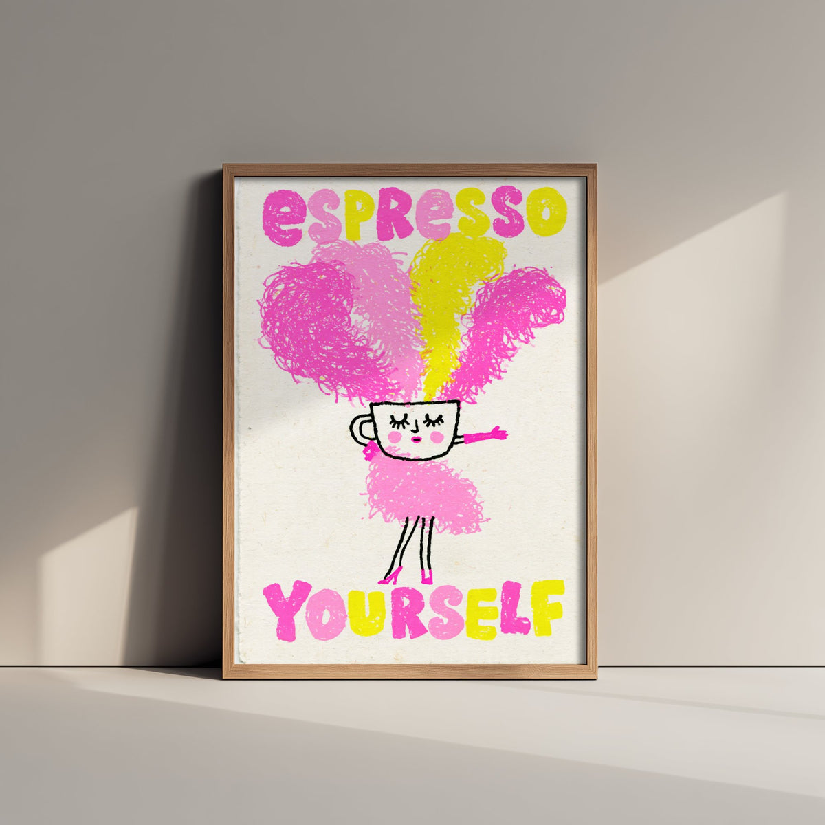 Espresso Yourself Art Print - Feather Boa Coffee Cup Poster - Pink and Yellow Showgirl Illustration