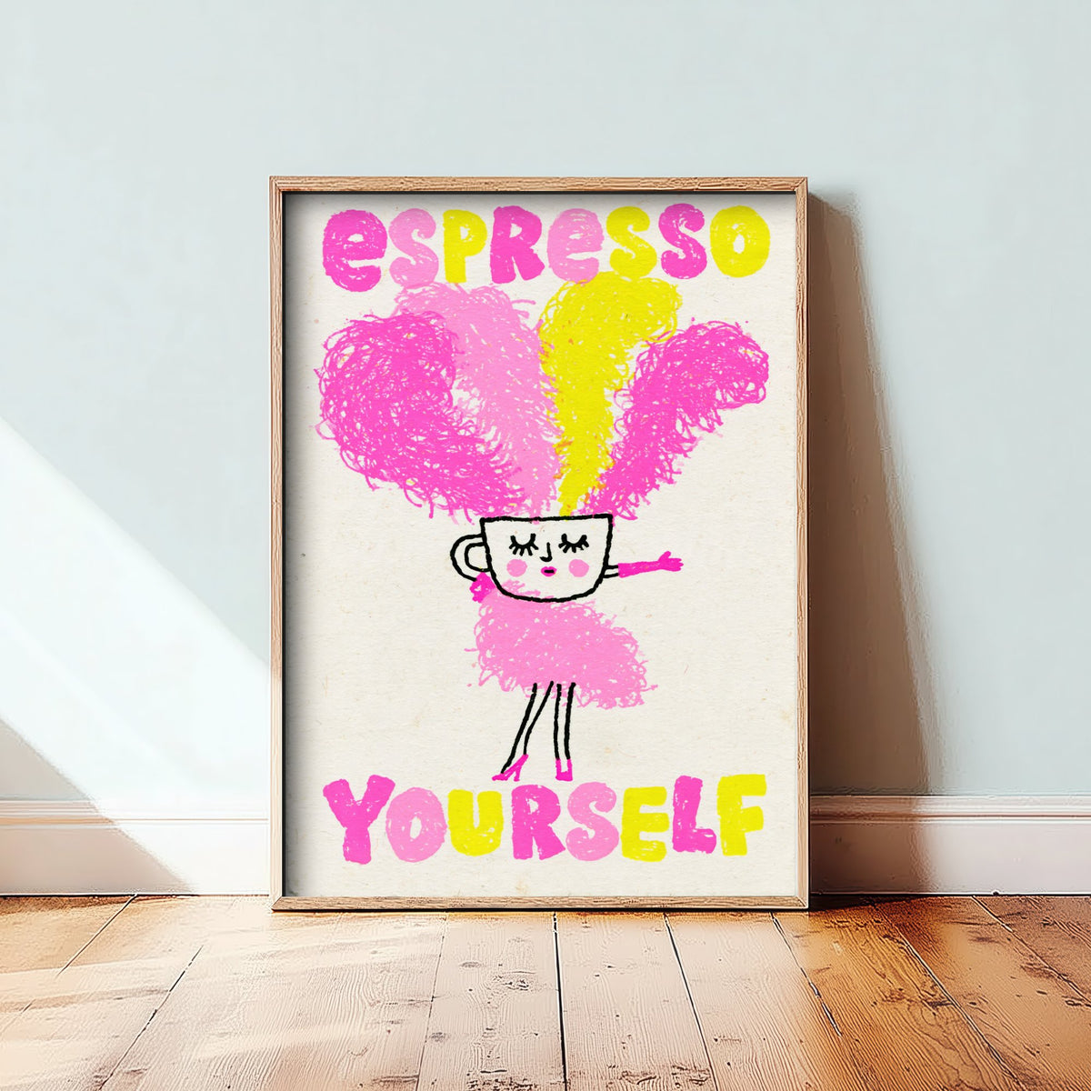Espresso Yourself Art Print - Feather Boa Coffee Cup Poster - Pink and Yellow Showgirl Illustration