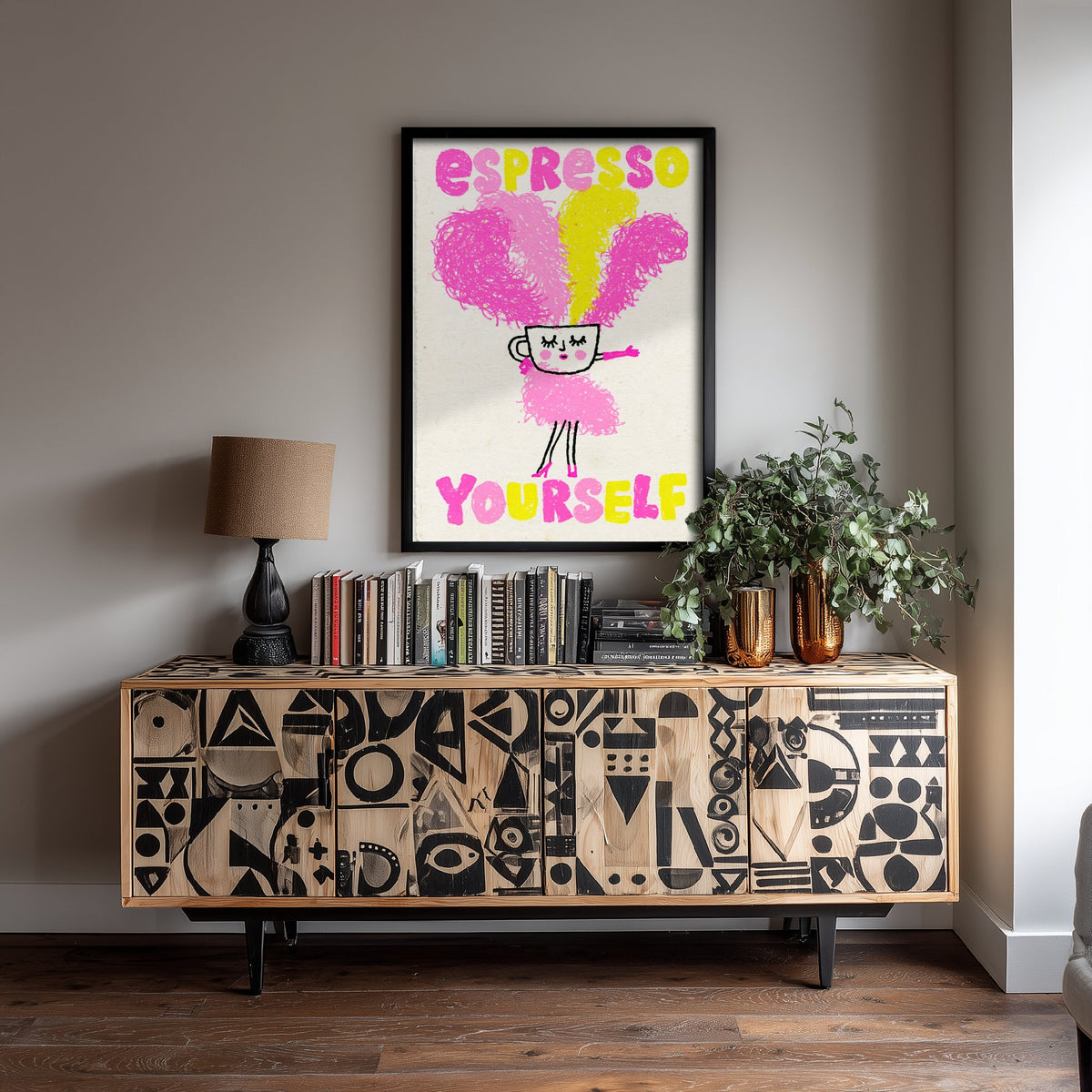 Espresso Yourself Art Print - Feather Boa Coffee Cup Poster - Pink and Yellow Showgirl Illustration