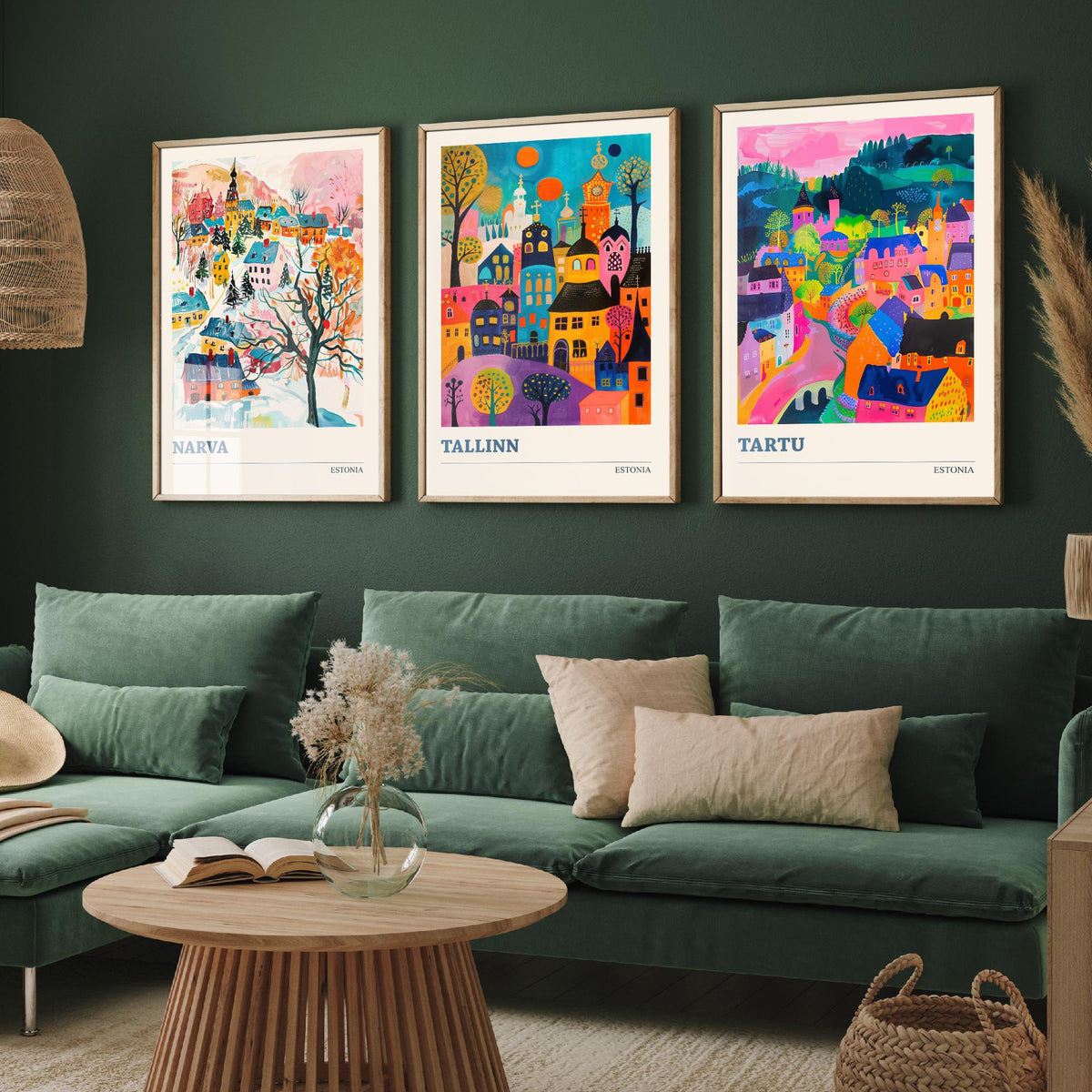 Estonia Set of Three Prints | Narva Tallinn Tartu | Vibrant Folk Art Travel City Wall Art Poster Painting