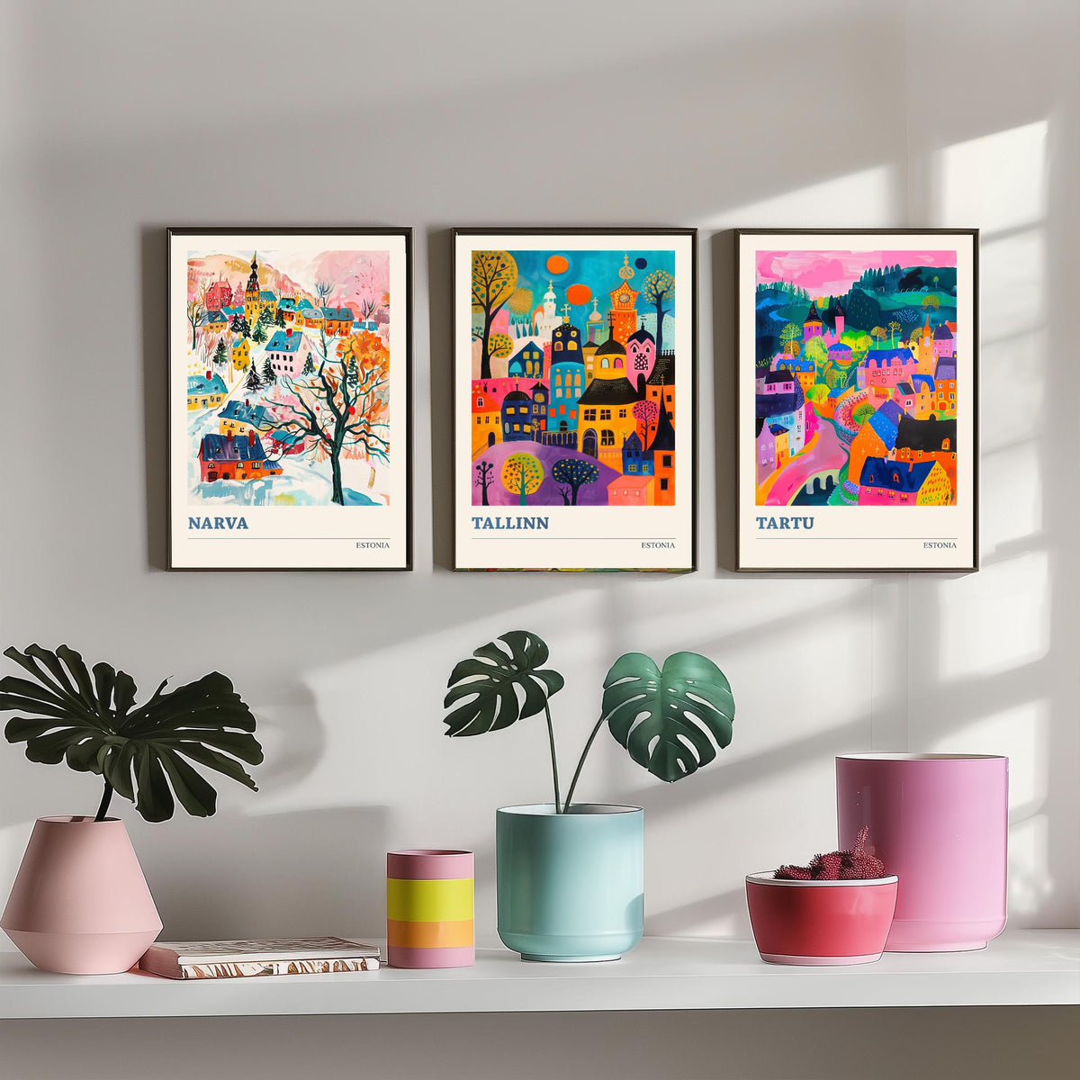 Estonia Set of Three Prints | Narva Tallinn Tartu | Vibrant Folk Art Travel City Wall Art Poster Painting