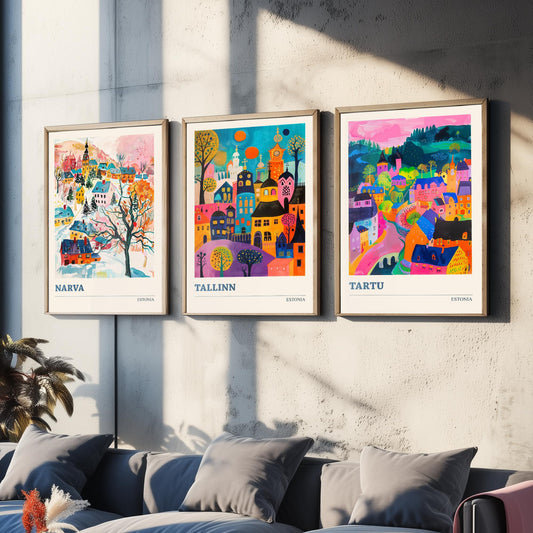 Estonia Set of Three Prints | Narva Tallinn Tartu | Vibrant Folk Art Travel City Wall Art Poster Painting