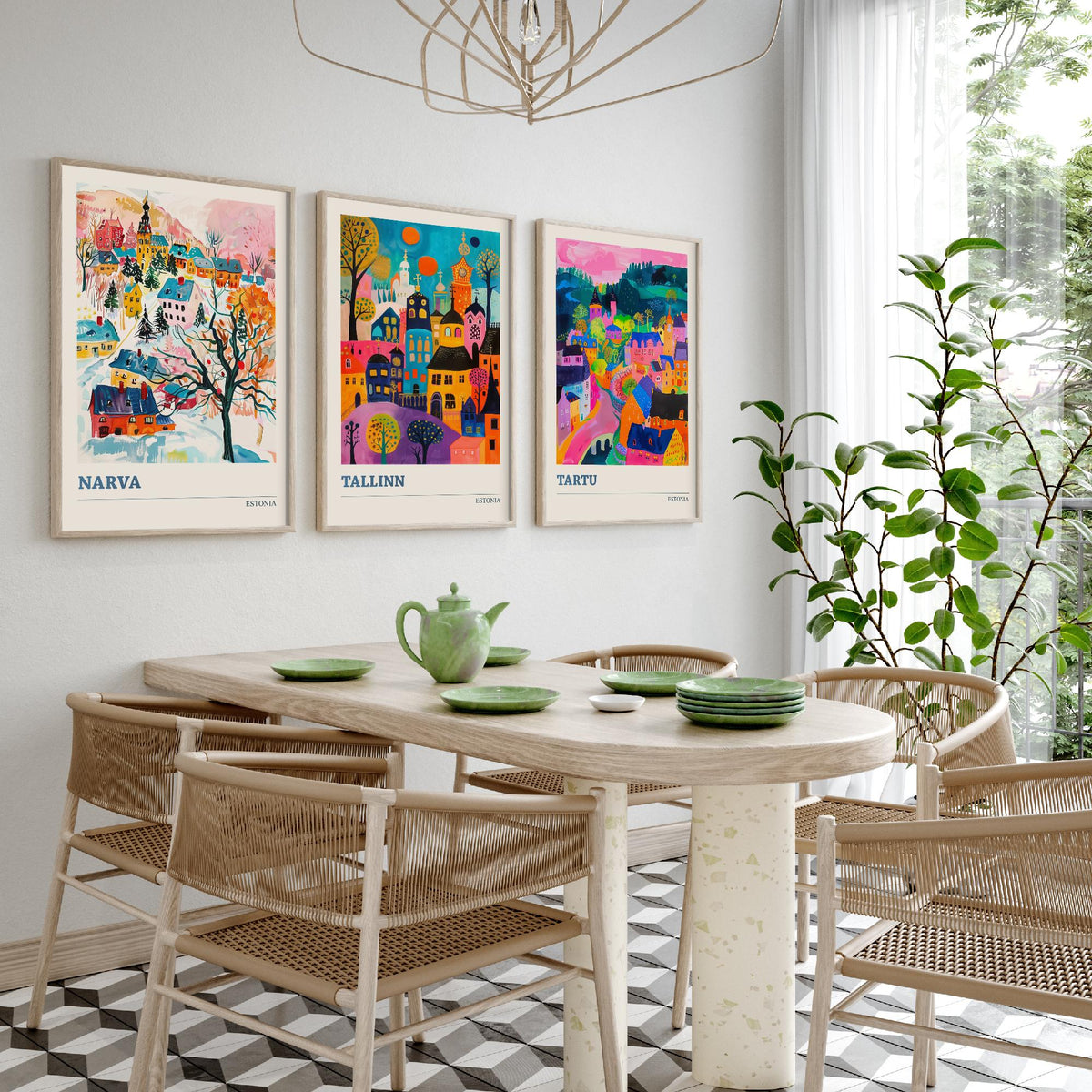 Estonia Set of Three Prints | Narva Tallinn Tartu | Vibrant Folk Art Travel City Wall Art Poster Painting