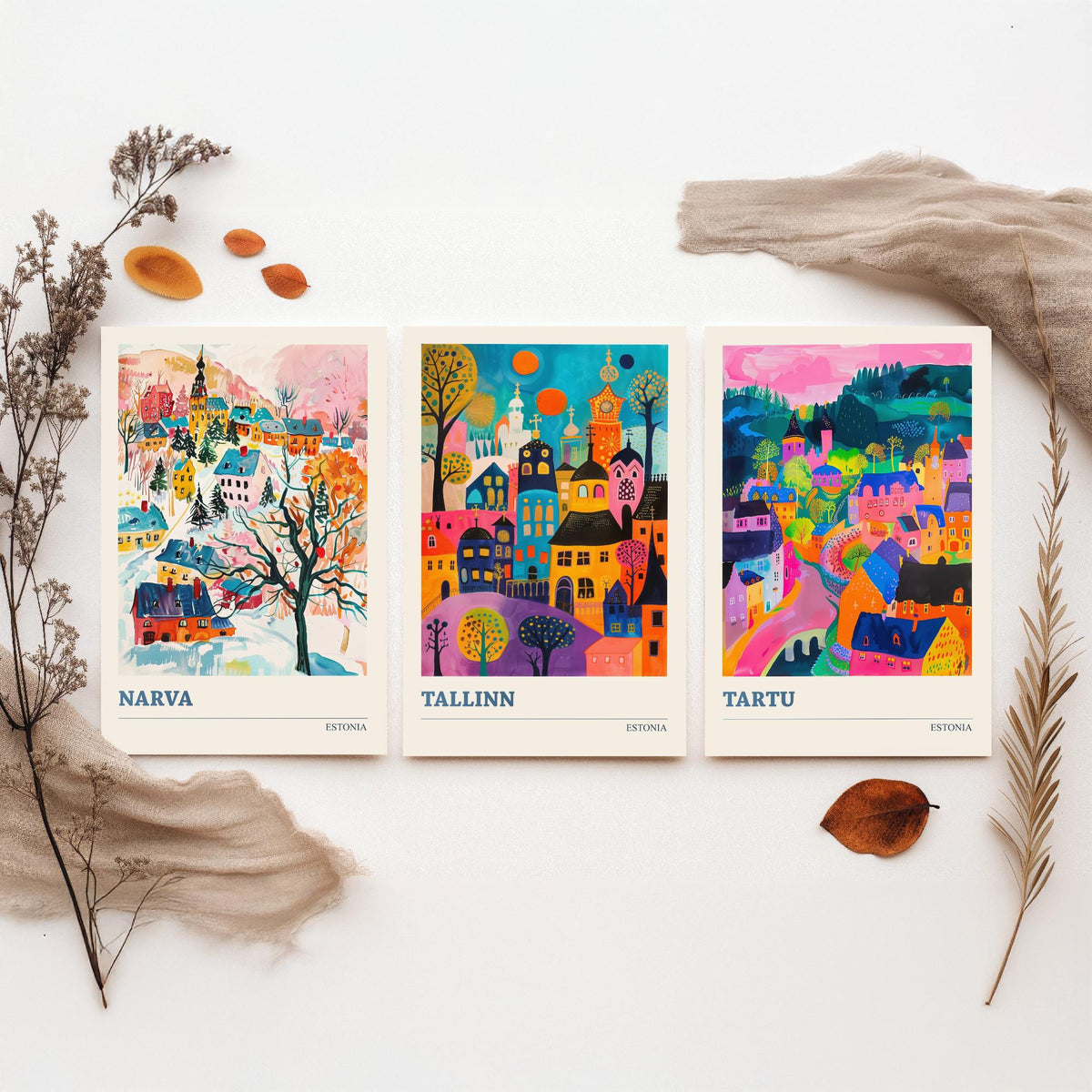 Estonia Set of Three Prints | Narva Tallinn Tartu | Vibrant Folk Art Travel City Wall Art Poster Painting
