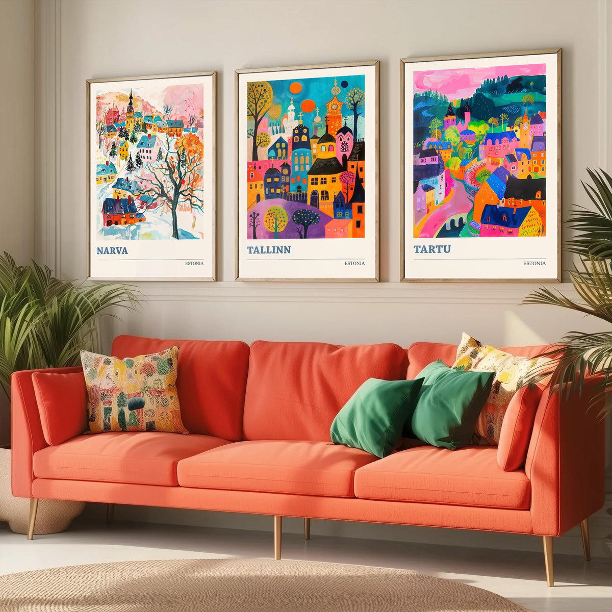 Estonia Set of Three Prints | Narva Tallinn Tartu | Vibrant Folk Art Travel City Wall Art Poster Painting