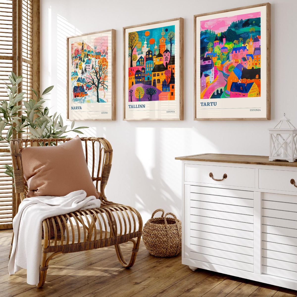 Estonia Set of Three Prints | Narva Tallinn Tartu | Vibrant Folk Art Travel City Wall Art Poster Painting
