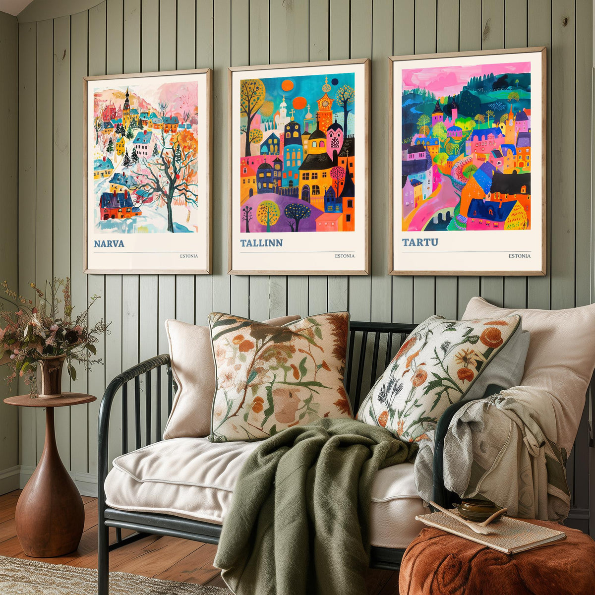 Estonia Set of Three Prints | Narva Tallinn Tartu | Vibrant Folk Art Travel City Wall Art Poster Painting