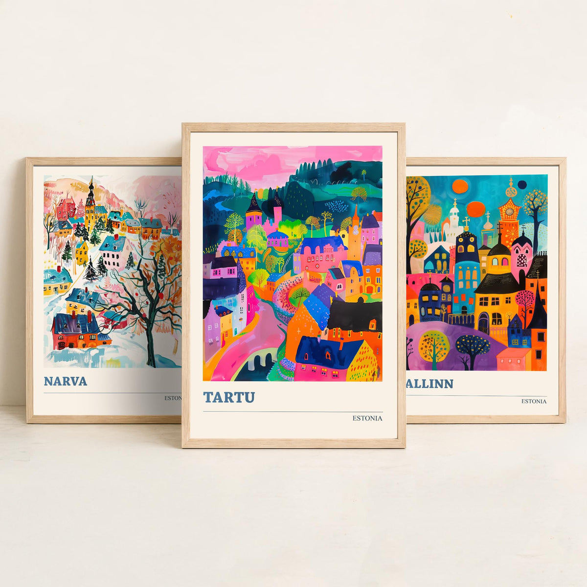 Estonia Set of Three Prints | Narva Tallinn Tartu | Vibrant Folk Art Travel City Wall Art Poster Painting