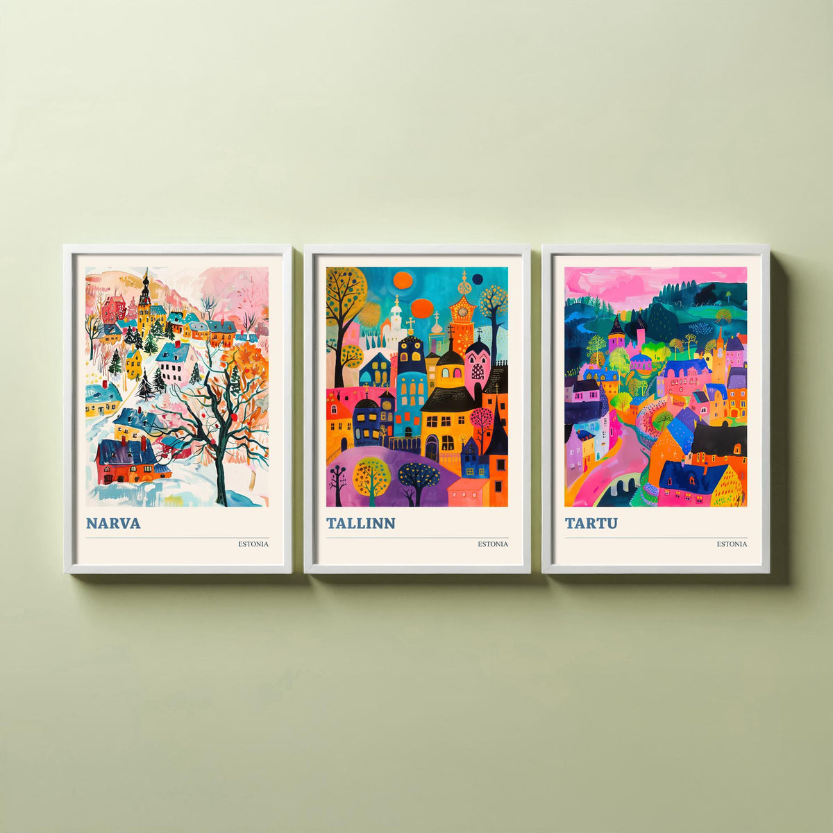 Estonia Set of Three Prints | Narva Tallinn Tartu | Vibrant Folk Art Travel City Wall Art Poster Painting
