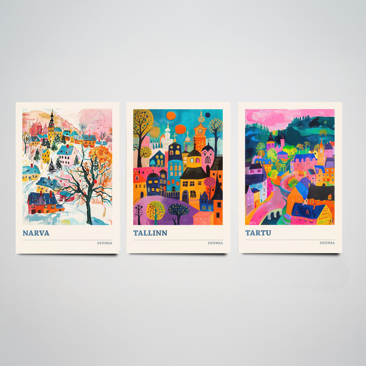 Estonia Set of Three Prints | Narva Tallinn Tartu | Vibrant Folk Art Travel City Wall Art Poster Painting