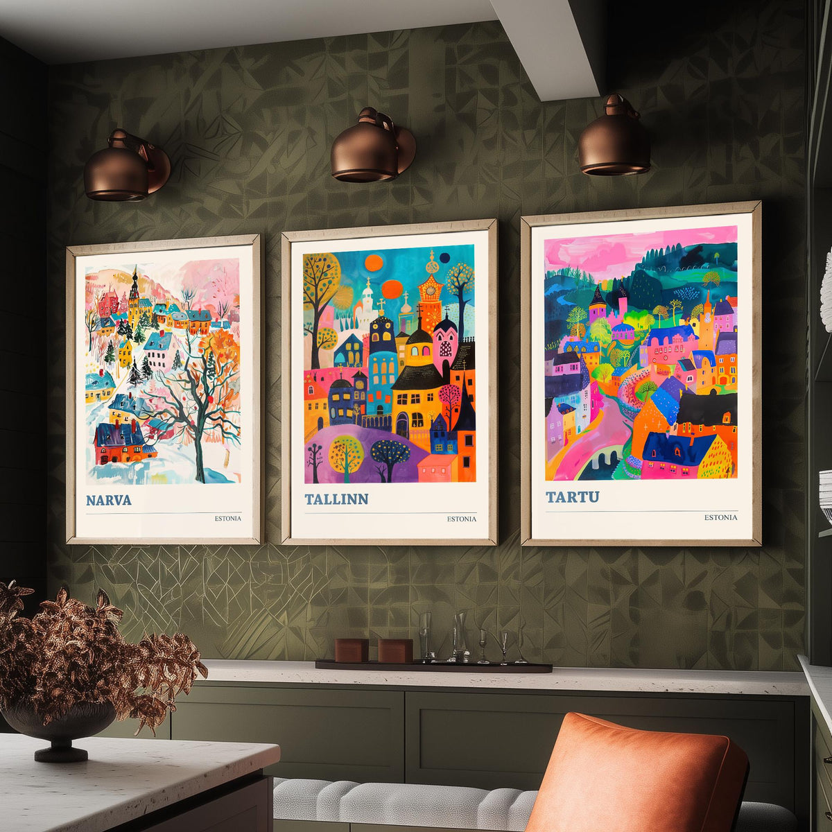 Estonia Set of Three Prints | Narva Tallinn Tartu | Vibrant Folk Art Travel City Wall Art Poster Painting