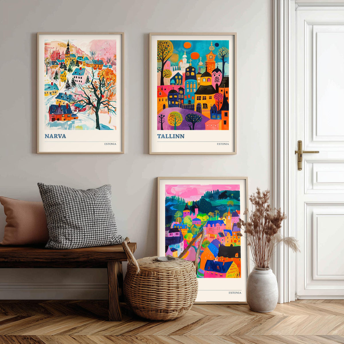 Estonia Set of Three Prints | Narva Tallinn Tartu | Vibrant Folk Art Travel City Wall Art Poster Painting