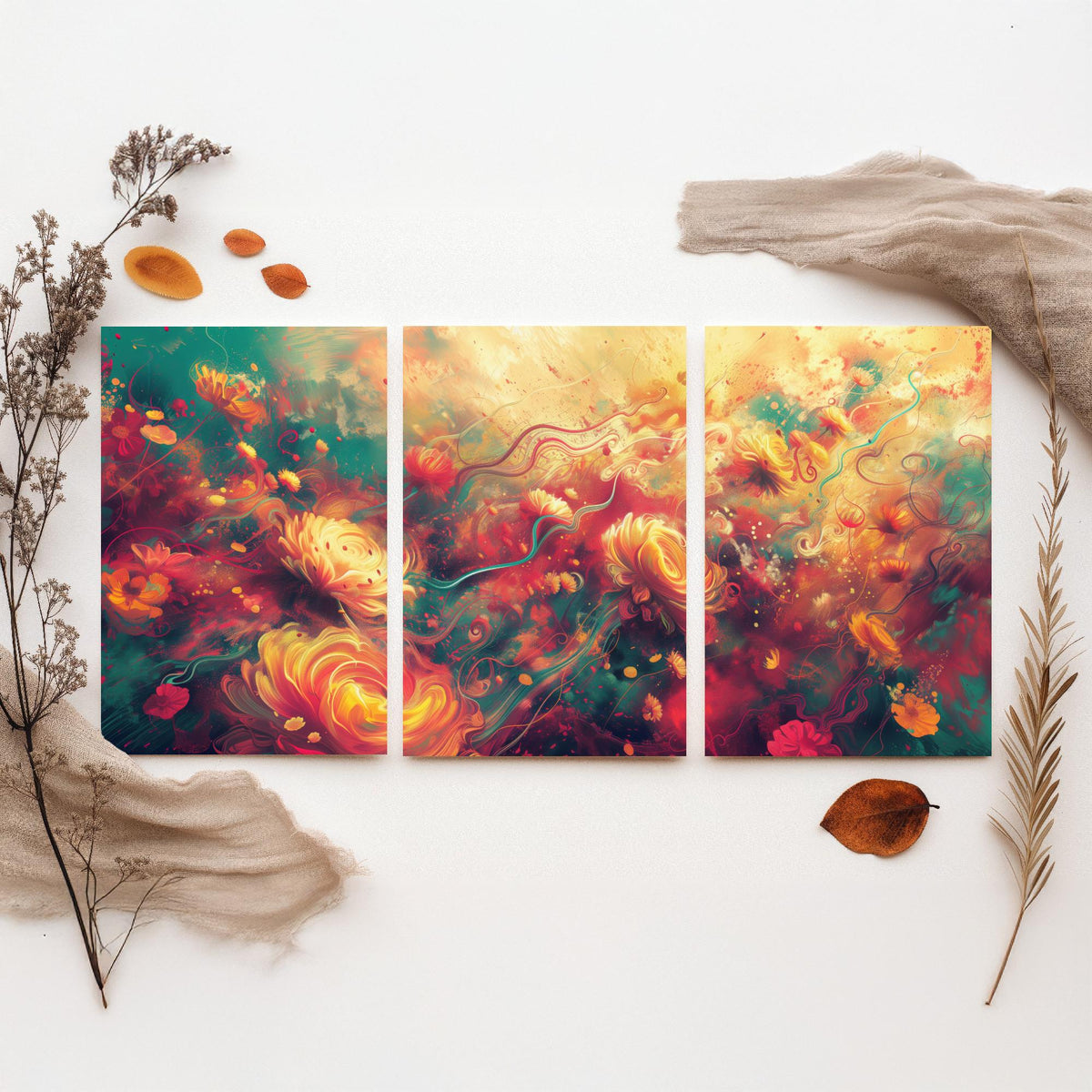 Ethereal Flowers Set of Three Art Prints - 3 Abstract Floral Posters - Teal Red Swirl Wall Art Gift Painting Botanical