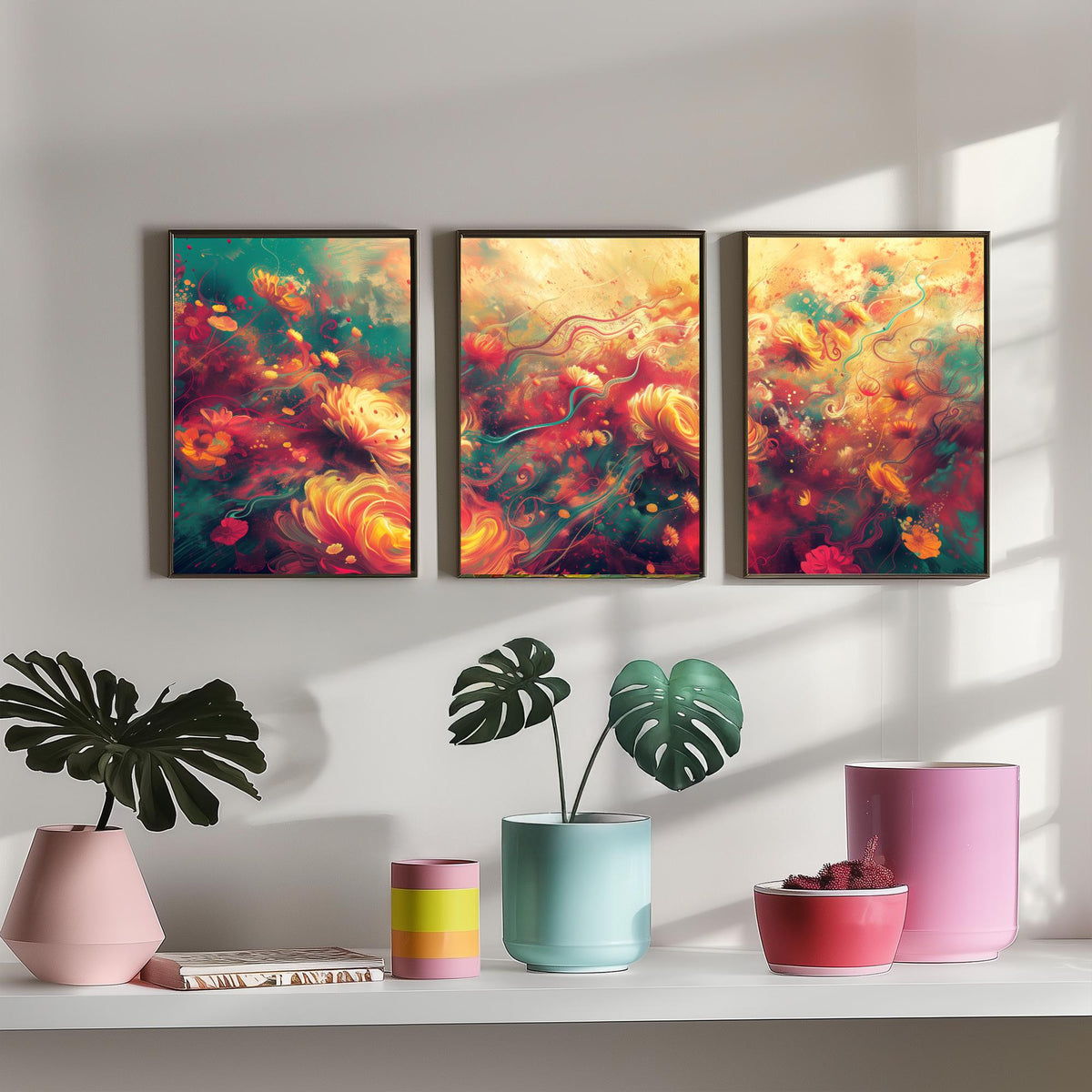 Ethereal Flowers Set of Three Art Prints - 3 Abstract Floral Posters - Teal Red Swirl Wall Art Gift Painting Botanical