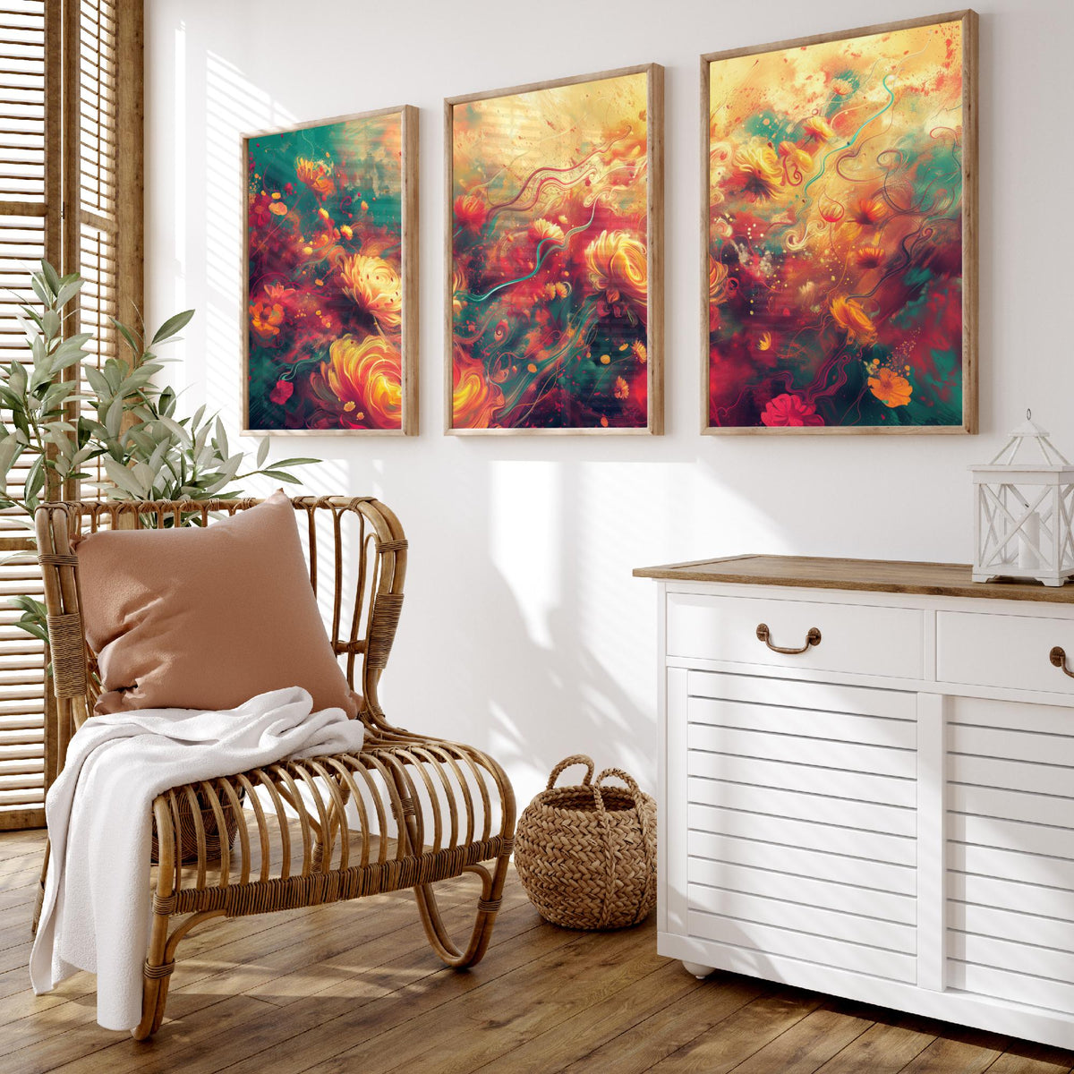 Ethereal Flowers Set of Three Art Prints - 3 Abstract Floral Posters - Teal Red Swirl Wall Art Gift Painting Botanical