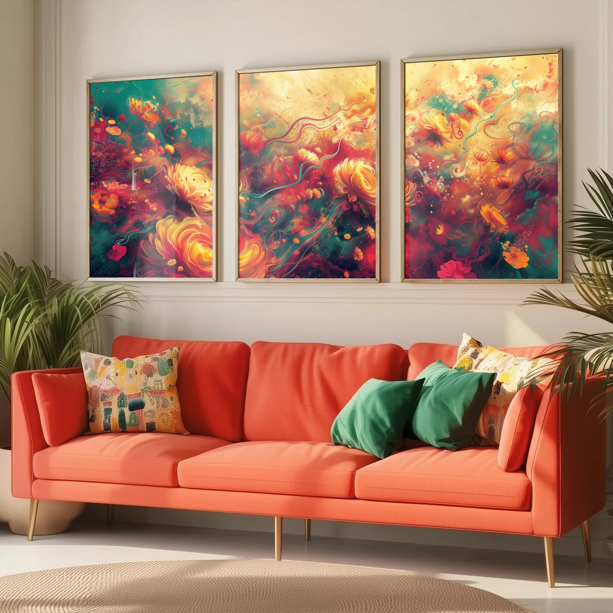 Ethereal Flowers Set of Three Art Prints - 3 Abstract Floral Posters - Teal Red Swirl Wall Art Gift Painting Botanical